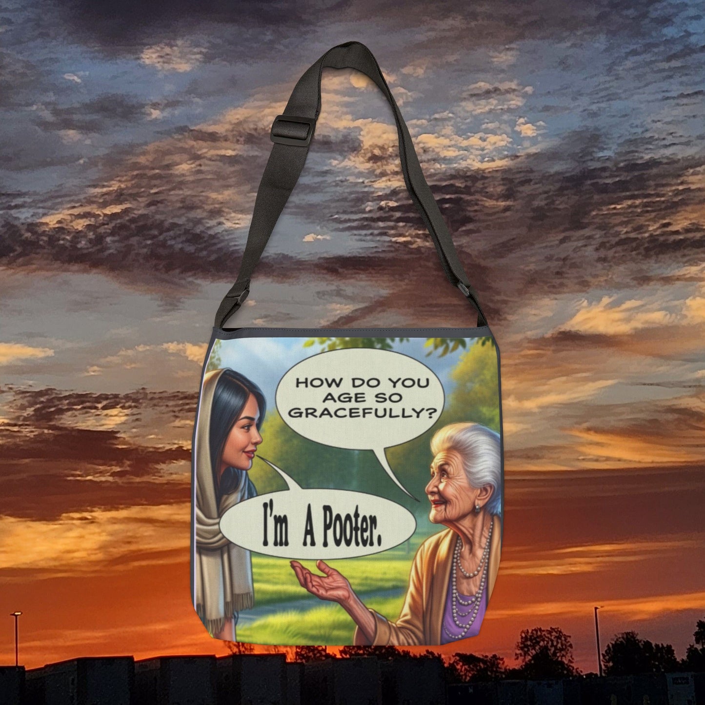 Age Gracefully Canvas Tote Bag — Adjustable All-Over Print Tote