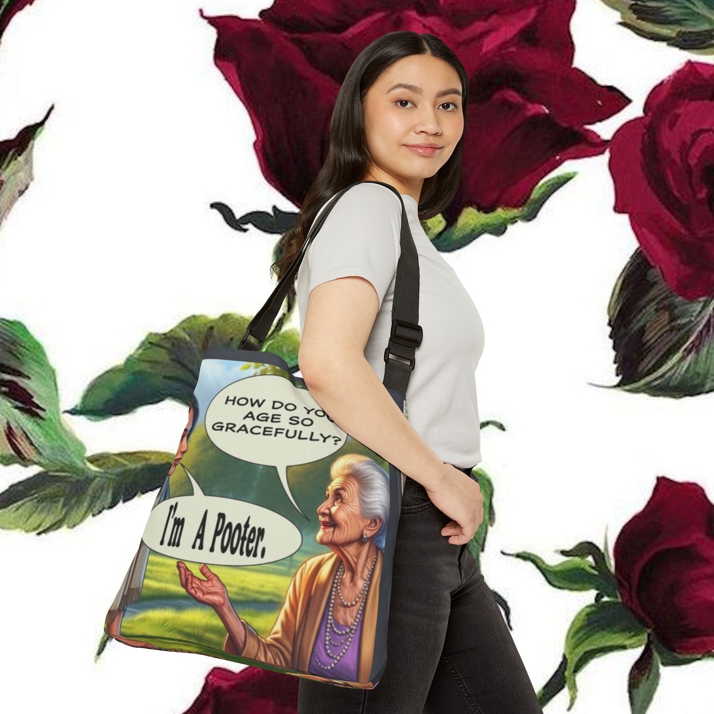 Age Gracefully Canvas Tote Bag — Adjustable All-Over Print Tote